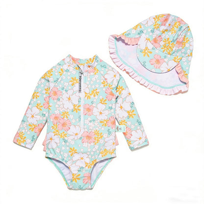 Baby Girls One-piece Sun Protection Surf Suit ボタニカル 長袖水着 帽子セット【mh0013317】