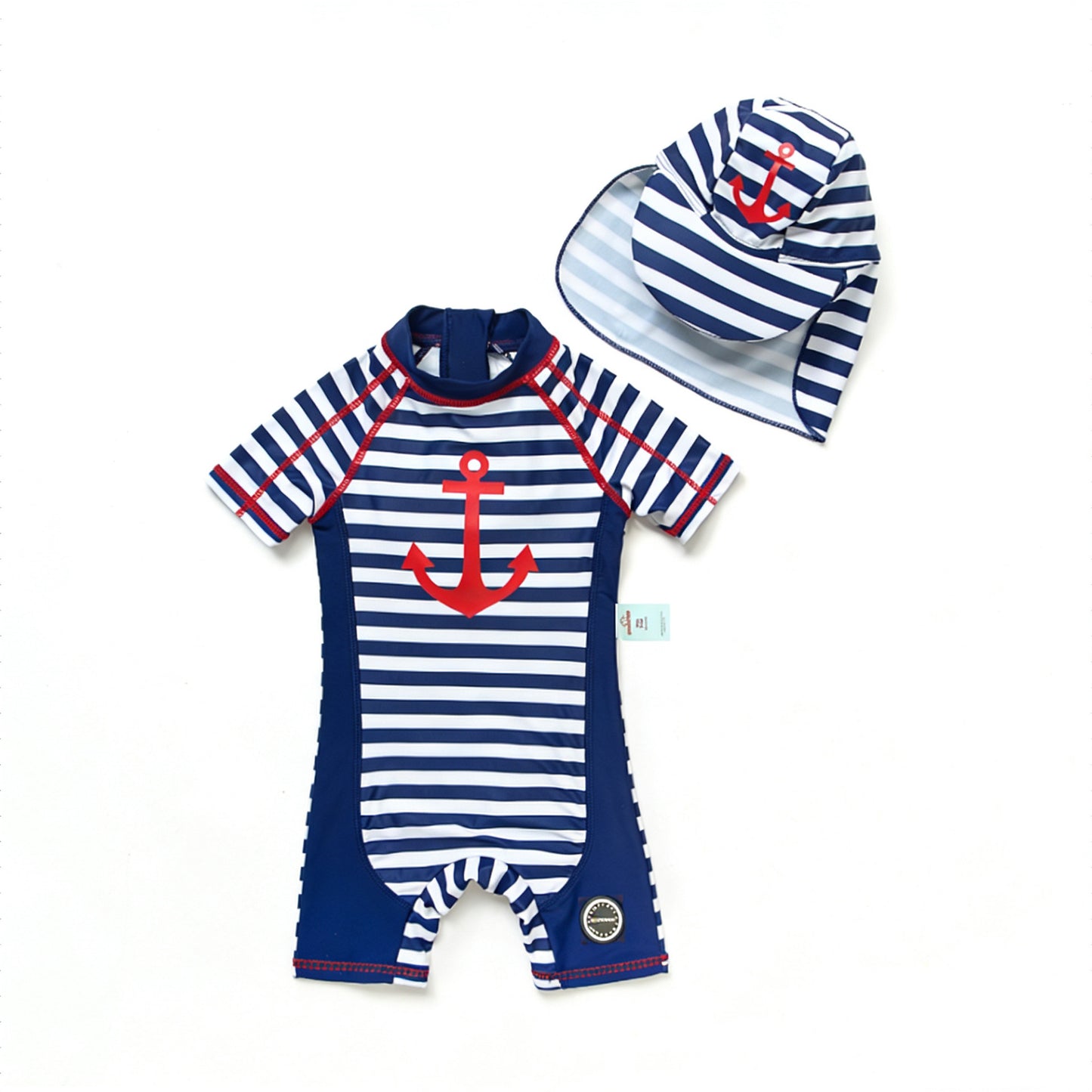 Striped Swimsuit With Matching Cap マリン 半袖水着 帽子セット【mh0013320】