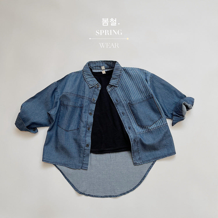 キッズ 切り替え ストライプ デニム 長袖シャツ【mh0013934】
