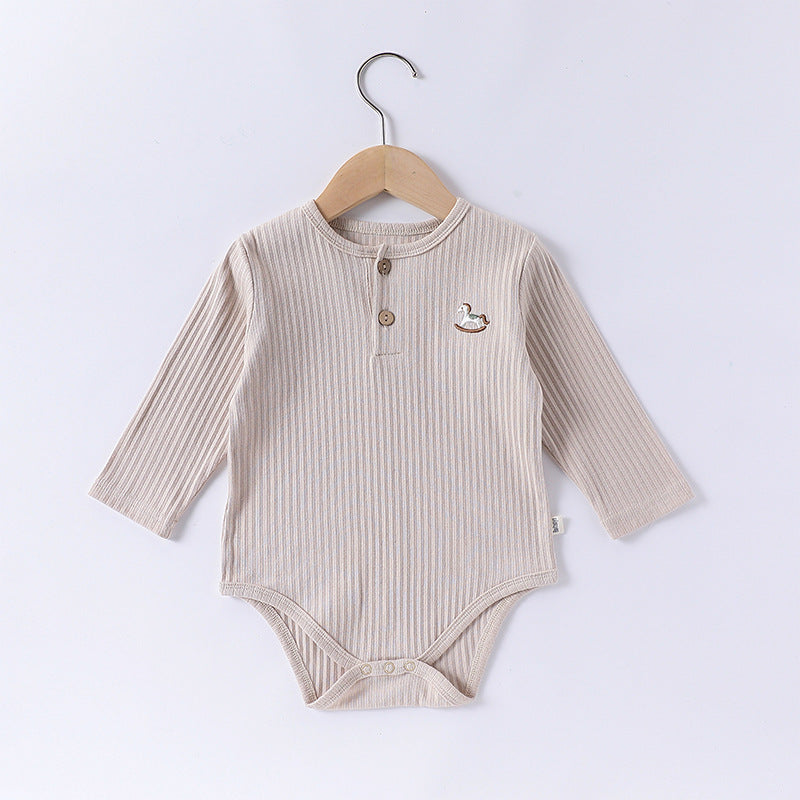 -木馬ワンポイント刺繍リブ長袖ボディスーツ【mh0010742】 - mamahalo shop - 長袖ロンパース -  べビー服 - 子供服 - 男の子 - 女の子