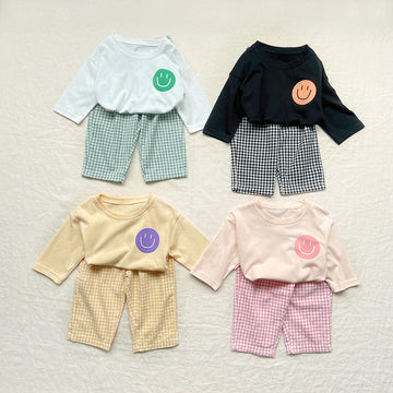 Smiley Long Sleeve Tee & Plaid Pants Set スマイル プリント チェック柄 セットアップ【mh0012672】