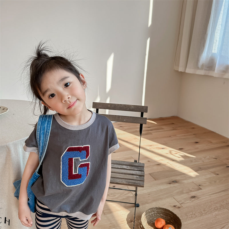 Kids' Alphabet Patchwork Applique Ringer Loose Short-Sleeved T-Shirt [mh0001820]