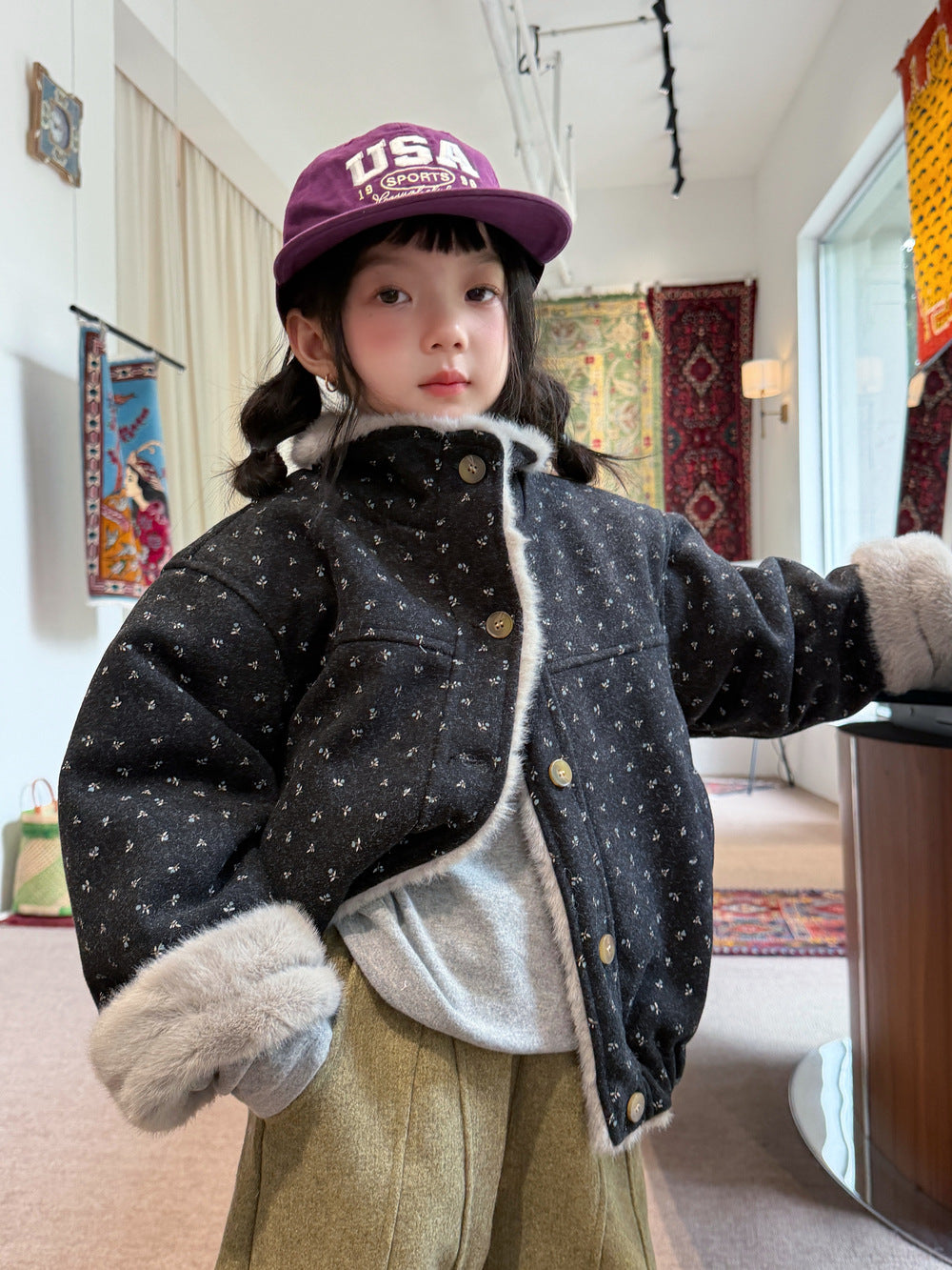 Chaqueta abrigo infantil juvenil con estampado floral, forro polar y cuello mao【mh0014687】