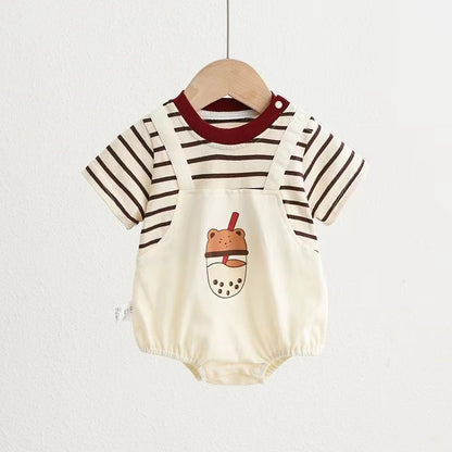 ベビーロンパース 半袖ドッキングボディスーツ ボーダー タピオカプリント【mh0005504】