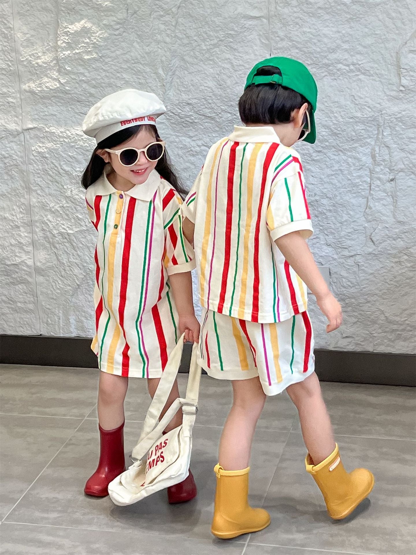 Polo de rayas de colores para niños, pantalón corto, vestido [mh0001948]