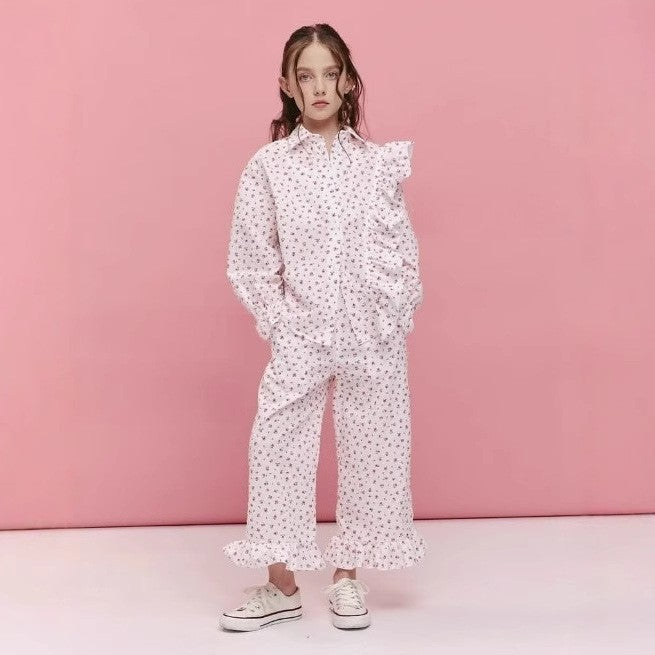 Conjunto de dos piezas para niñas, camisa con volantes americanos y pantalones de algodón, estilo INS ruso, primavera/verano 2026, en stock【mh0013858】