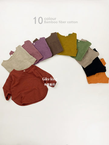 Bamboo Cotton Long Sleeve Crew Neck Top シンプル 長袖Tシャツ【mh0012559】