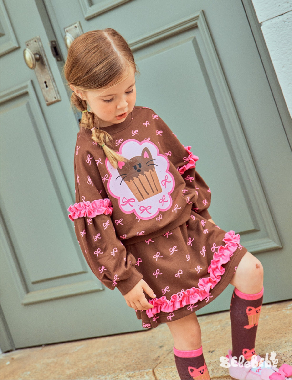 -ねこ柄ジップアップパーカー/フリルスウェットシャツ/フリルキュロットスカート/スカート付きパンツ【mh0010983】 - mamahalo shop - 長袖セットアップ -  べビー服 - 子供服 - 男の子 - 女の子