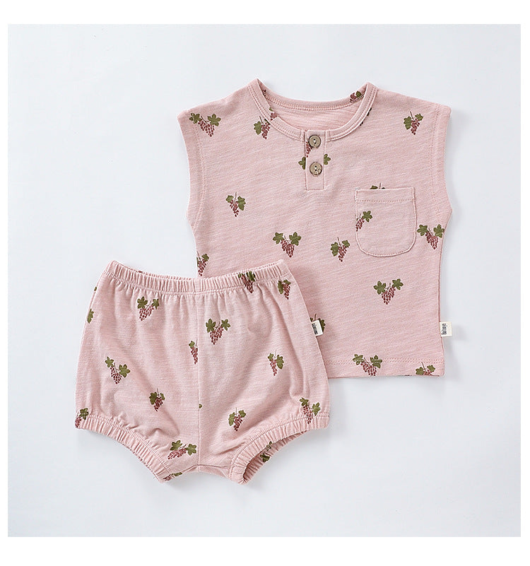 Sleeveless Fruit Pattern Shorts Set フルーツ 半袖Tシャツ ショートパンツ セット【mh0013586】