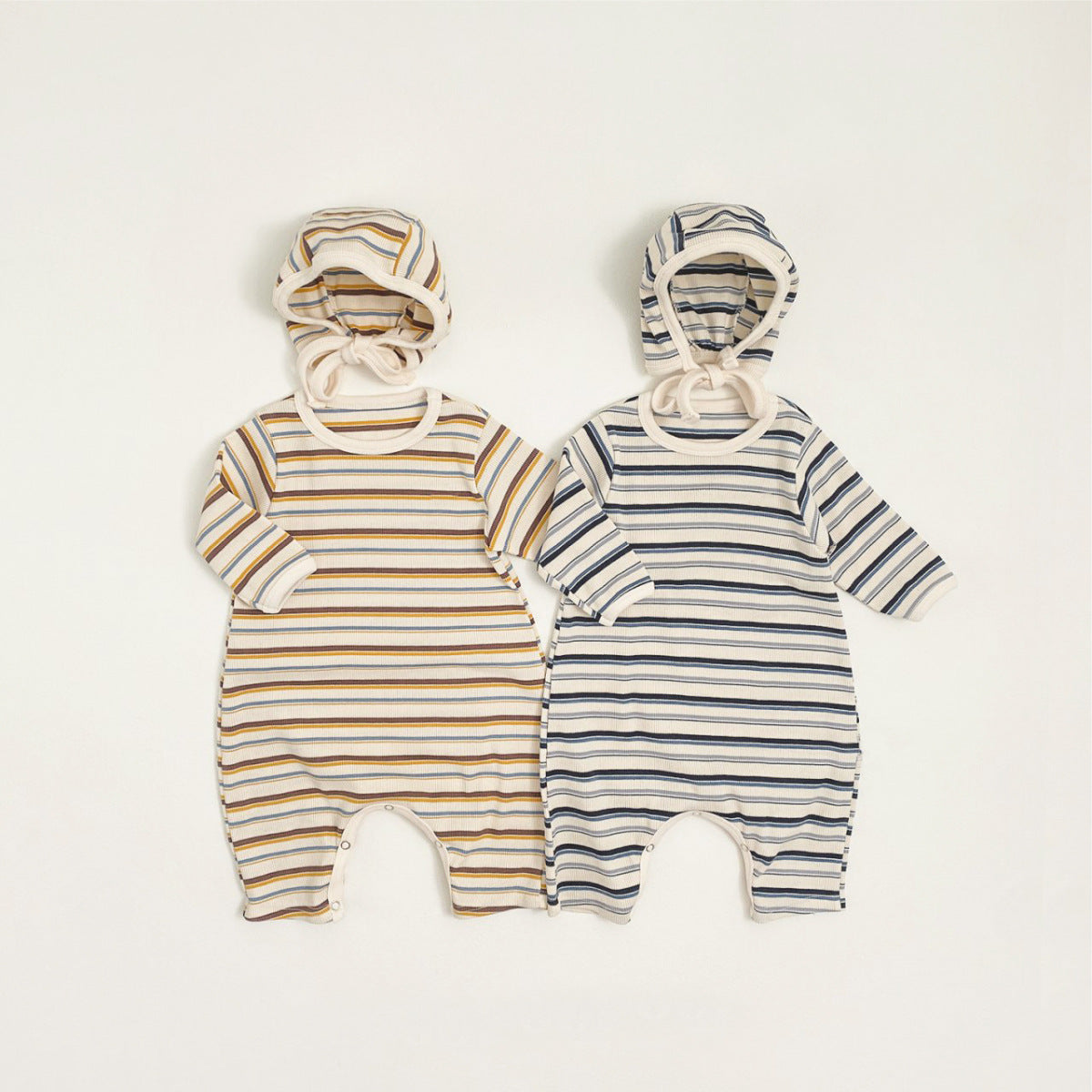 -カラフルボーダーロンパース ボンネット付き リブ編み コットンカバーオール 2点セット【mh0010891】 - mamahalo shop - 長袖ロンパース -  べビー服 - 子供服 - 男の子 - 女の子