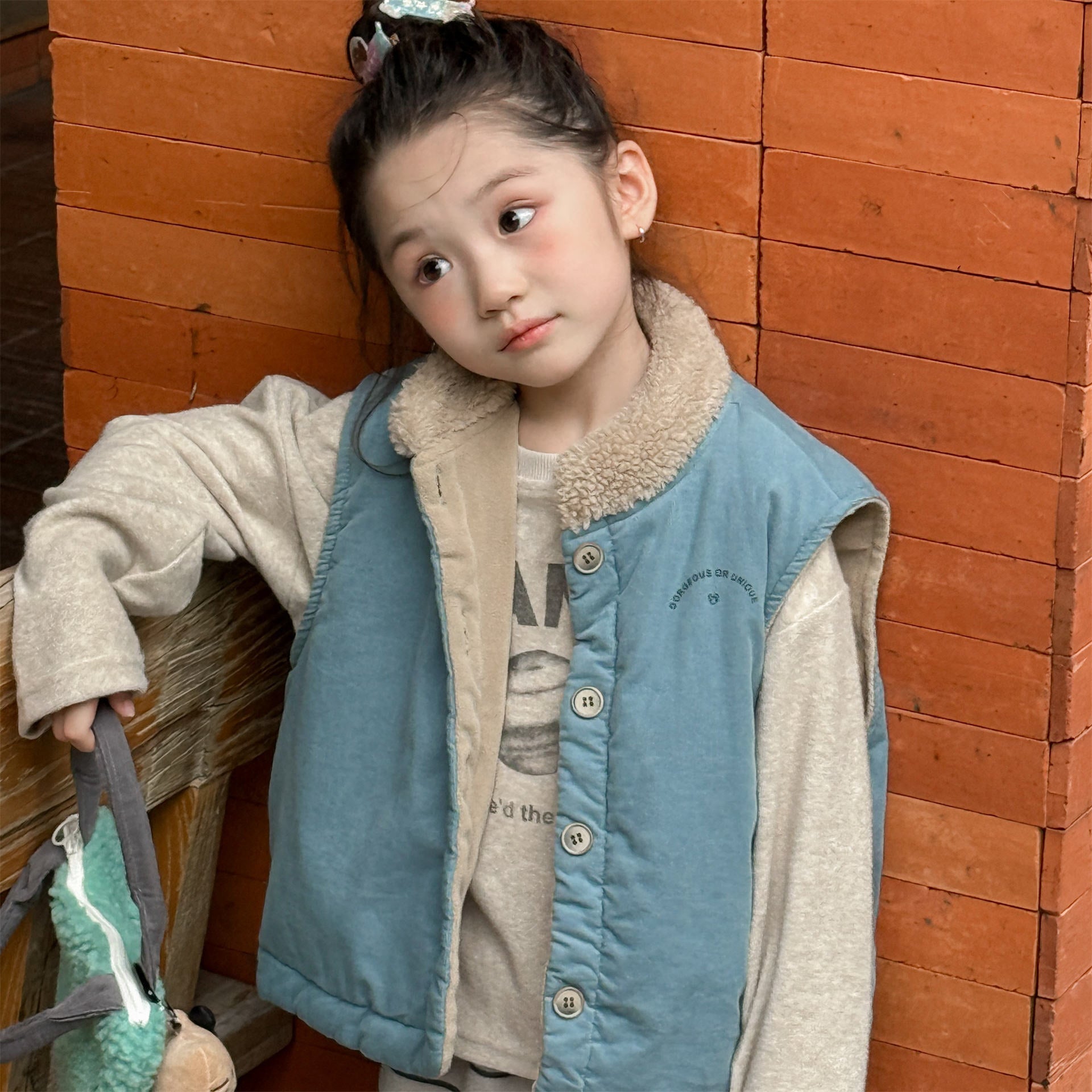 -ボア襟コーデュロイキルティングベスト刺繍入りアウター【mh0010915】 - mamahalo shop - ベスト -  べビー服 - 子供服 - 男の子 - 女の子