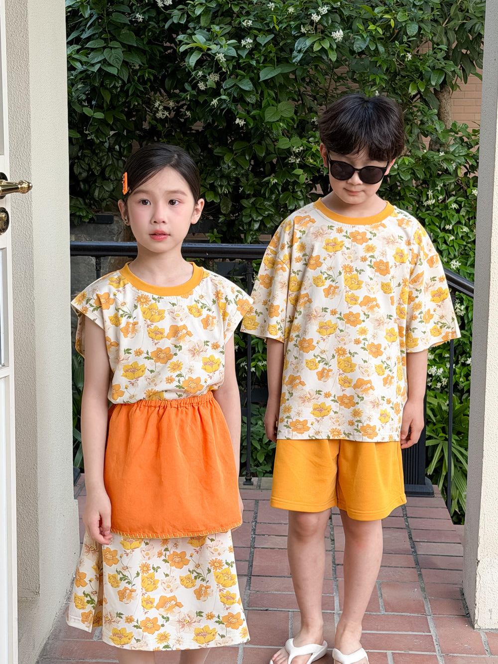 Floral Print Loose Top Dress and Shorts Set 田園プリント 半袖Tシャツ ショートパンツ 半袖ワンピース【mh0013517】