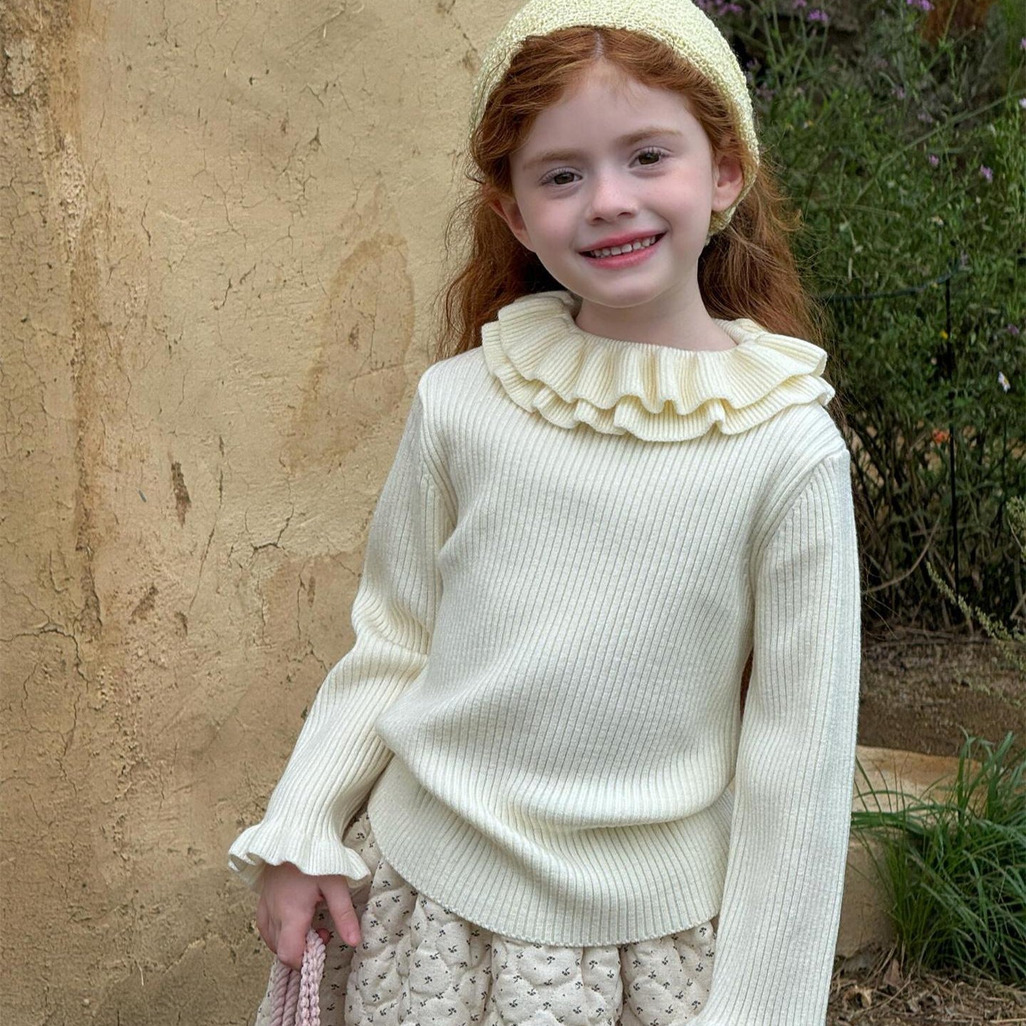 長袖カットソー ダブルラッフルカラー ニットTシャツセーター【mh0011756】