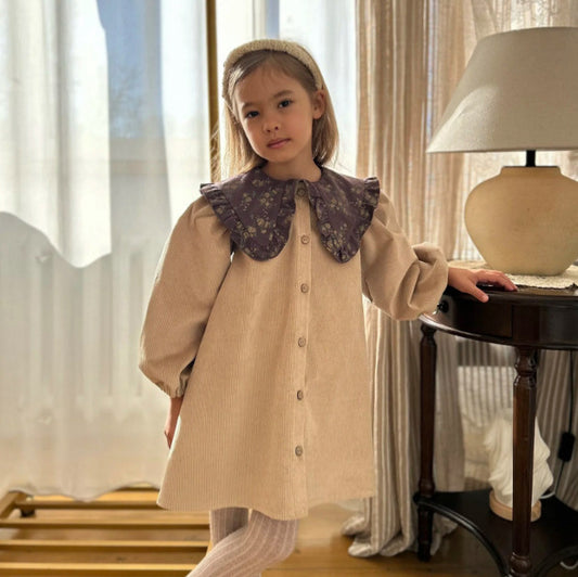 Kids' Floral Corduroy Long-Sleeve Dress with Floral Ruffle Collar【mh0014756】