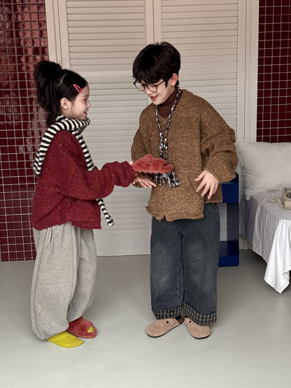 ニットカーディガン キッズ 裏起毛 厚手 無地 ジップアップ カジュアル【mh0011682】