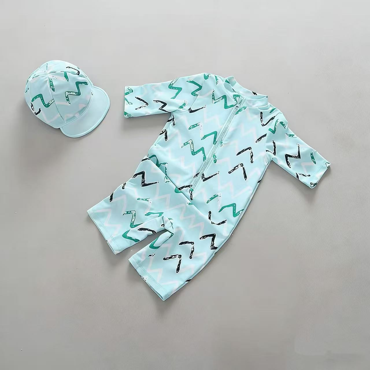 Striped Swimsuit With Matching Cap マリン 半袖水着 帽子セット【mh0013320】