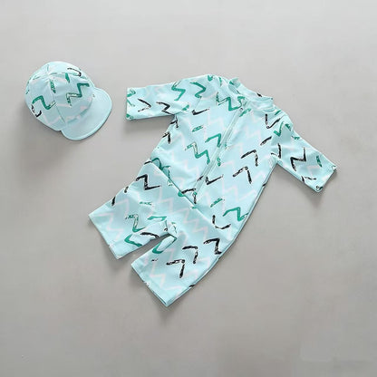 Striped Swimsuit With Matching Cap マリン 半袖水着 帽子セット【mh0013320】
