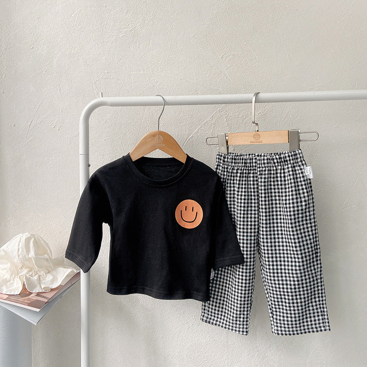 Smiley Long Sleeve Tee & Plaid Pants Set スマイル プリント チェック柄 セットアップ【mh0012672】