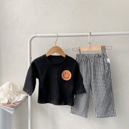 Smiley Long Sleeve Tee & Plaid Pants Set スマイル プリント チェック柄 セットアップ【mh0012672】