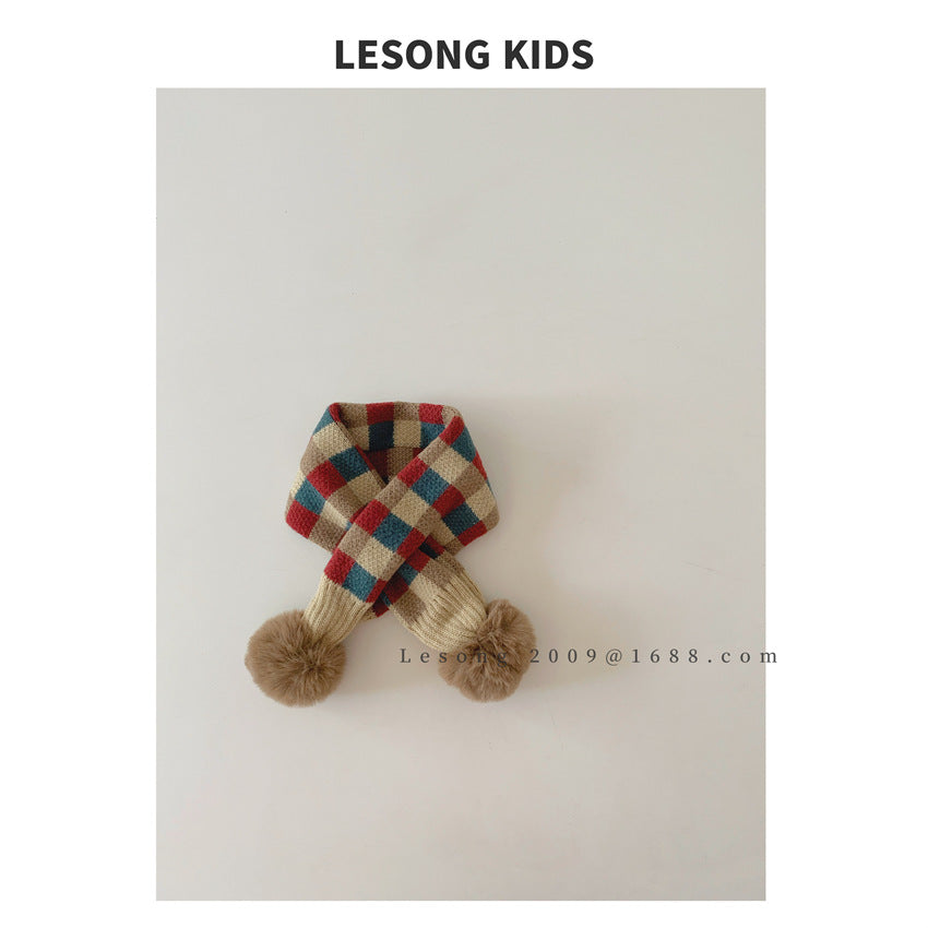 キッズマフラー カラフル ブロックチェック ぽんぽん ネックウォーマー【mh0011843】