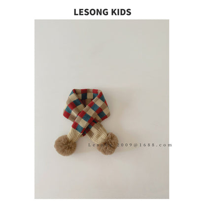 キッズマフラー カラフル ブロックチェック ぽんぽん ネックウォーマー【mh0011843】