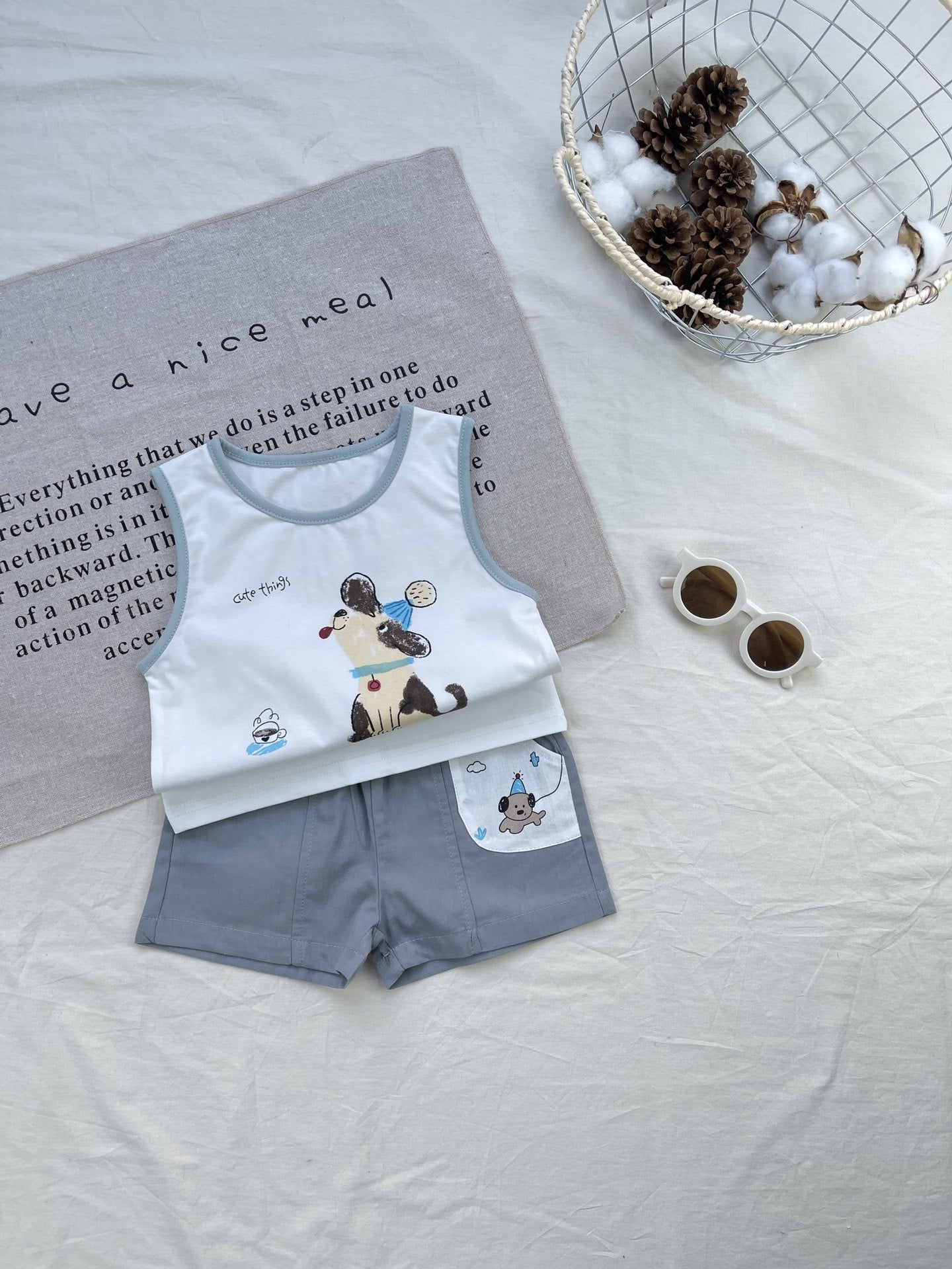 Cartoon Puppy Graphics Vest Set 犬 ノースリーブTシャツ ショートパンツセット【mh0012921】