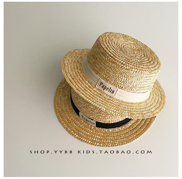 Kids' Logo Ribbon Straw Hat with Chin Strap Boater Hat [mh0000861]