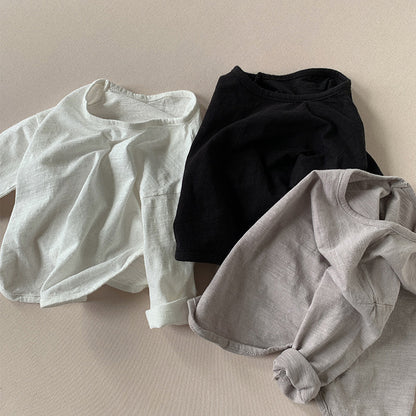 キッズ用ルーズ長袖Tシャツ（ドロップショルダー）、白・黒・グレー