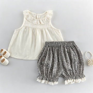 Kids' Frill Collar Floral Lace Sleeveless Blouse and Shorts Set [mh0013838]