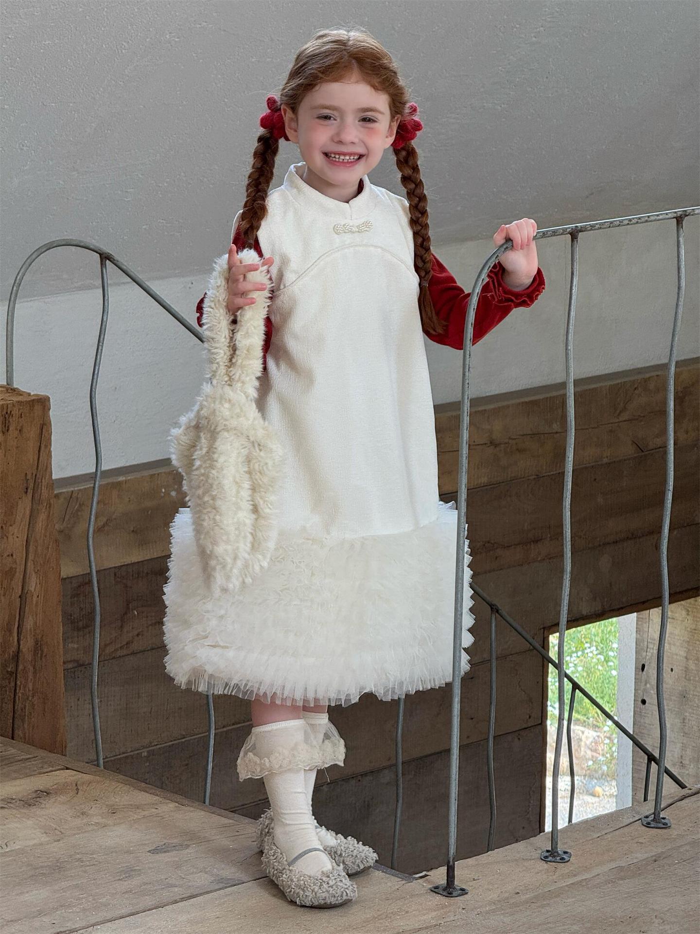 ノースリーブワンピース チュールフリルスカート フリース チャイナドレス【mh0011766】