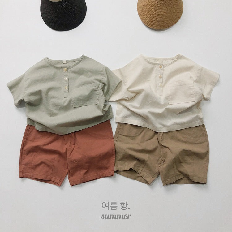 キッズ コットンリネン ルーズ ヘンリーネック 半袖 シャツ【mh0001970】