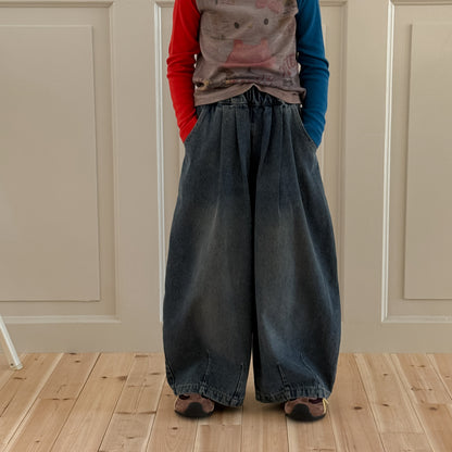 -プリーツ切り替えデニムワイドパンツジーンズ【mh0010767】 - mamahalo shop - デニムパンツ -  べビー服 - 子供服 - 男の子 - 女の子