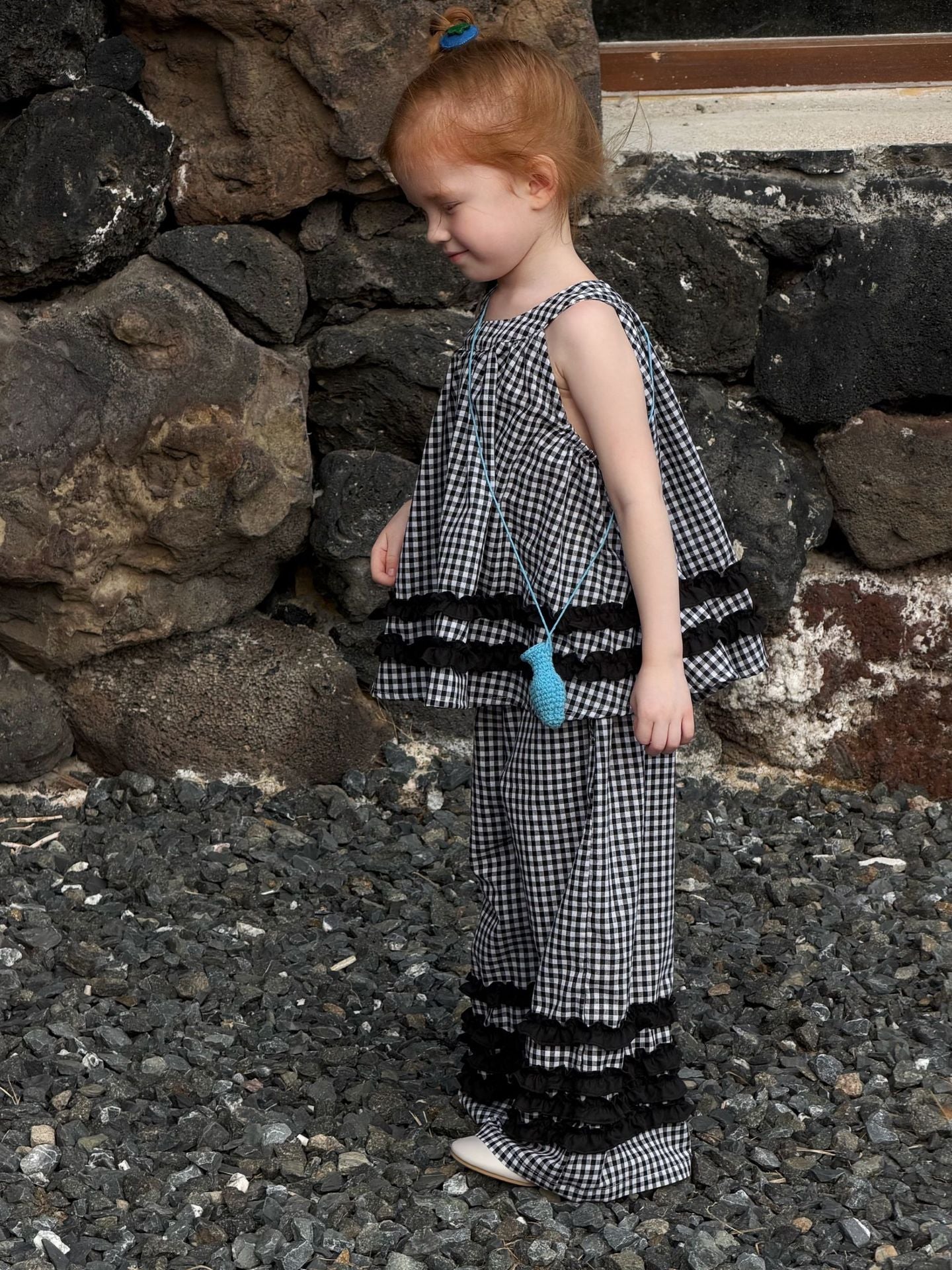 Sleeveless Casual Plaid Two-Piece Set ラッフル ノースリーブトップス ロングパンツ セット【mh0013412】