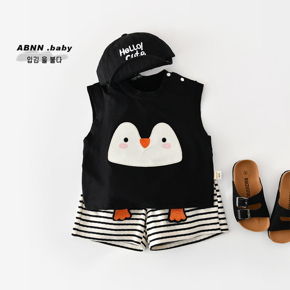 Penguin Applique Sleeveless Set ボーダー ノースリーブTシャツ セット【mh0012846】