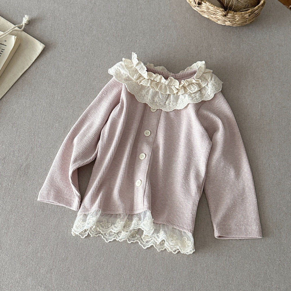 Camiseta de manga larga para bebés y niños, con cuello con volantes, bajo con volantes y botones frontales, tejido de canalé [mh0014486]