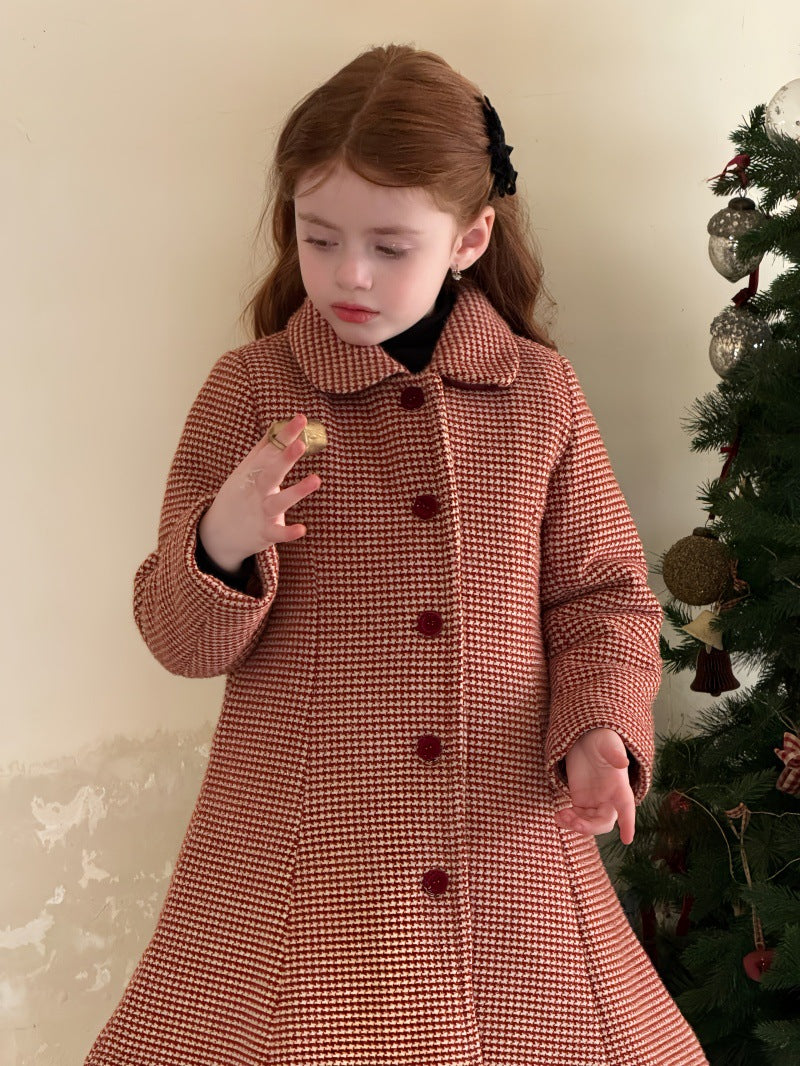 A-line retro coat with check pattern, round collar, quilted fur ribbon collar [mh0011889]