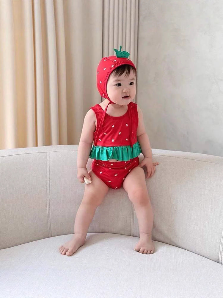 Watermelon Theme Three-Piece Swimwear スイカ タンキニ スイムパンツ スイムキャップ セット【mh0013364】