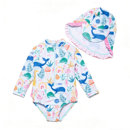 Baby Girls One-piece Sun Protection Surf Suit ボタニカル 長袖水着 帽子セット【mh0013317】