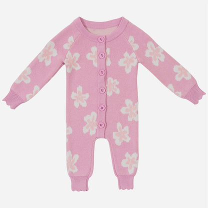 長袖ニットロンパース 花柄 ジャカードニット ジャンプスーツ ヘアバンド【mh0011856】