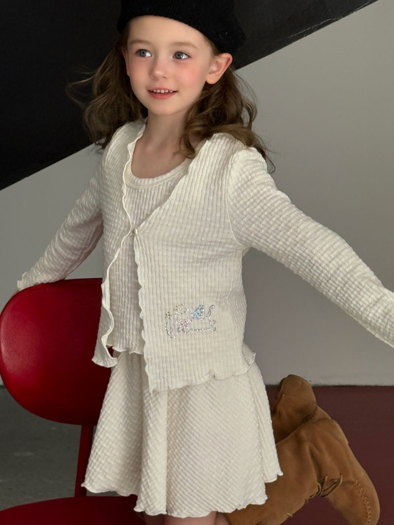 Kids' Mellow Frill Waffle Knit Long-Sleeve Cardigan, Camisole, and Flare Skirt Set [mh0014077]