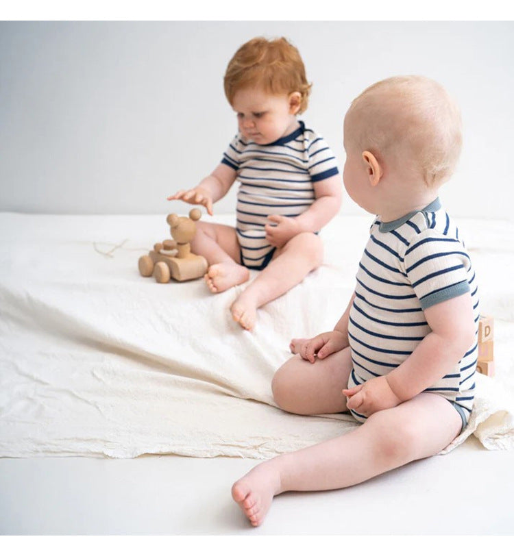 Striped Ribbed Cotton Romper マルチボーダー 半袖ノースリーブロンパース【mh0013597】
