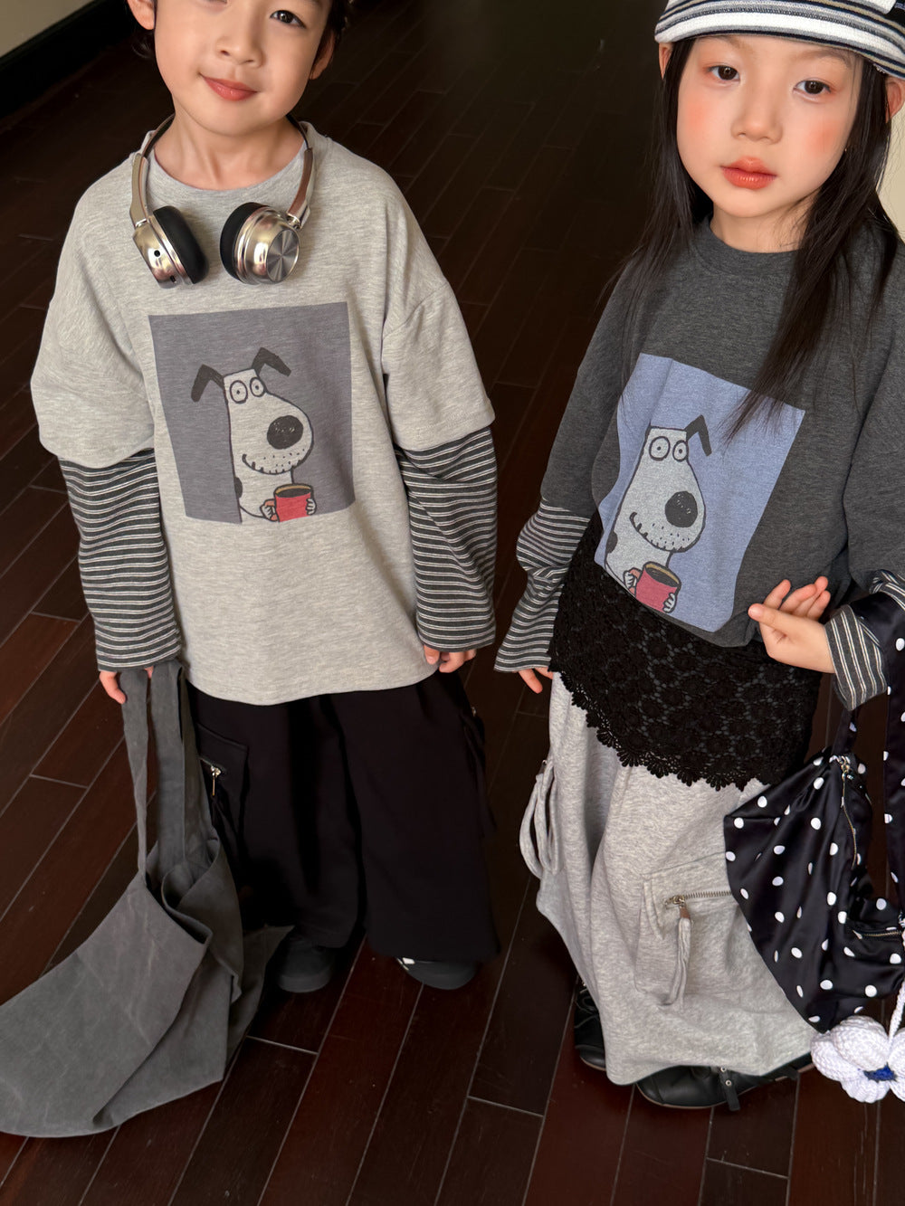 キッズ ボーダー ドッグプリント 重ね着風 長袖Tシャツ【mh0013920】