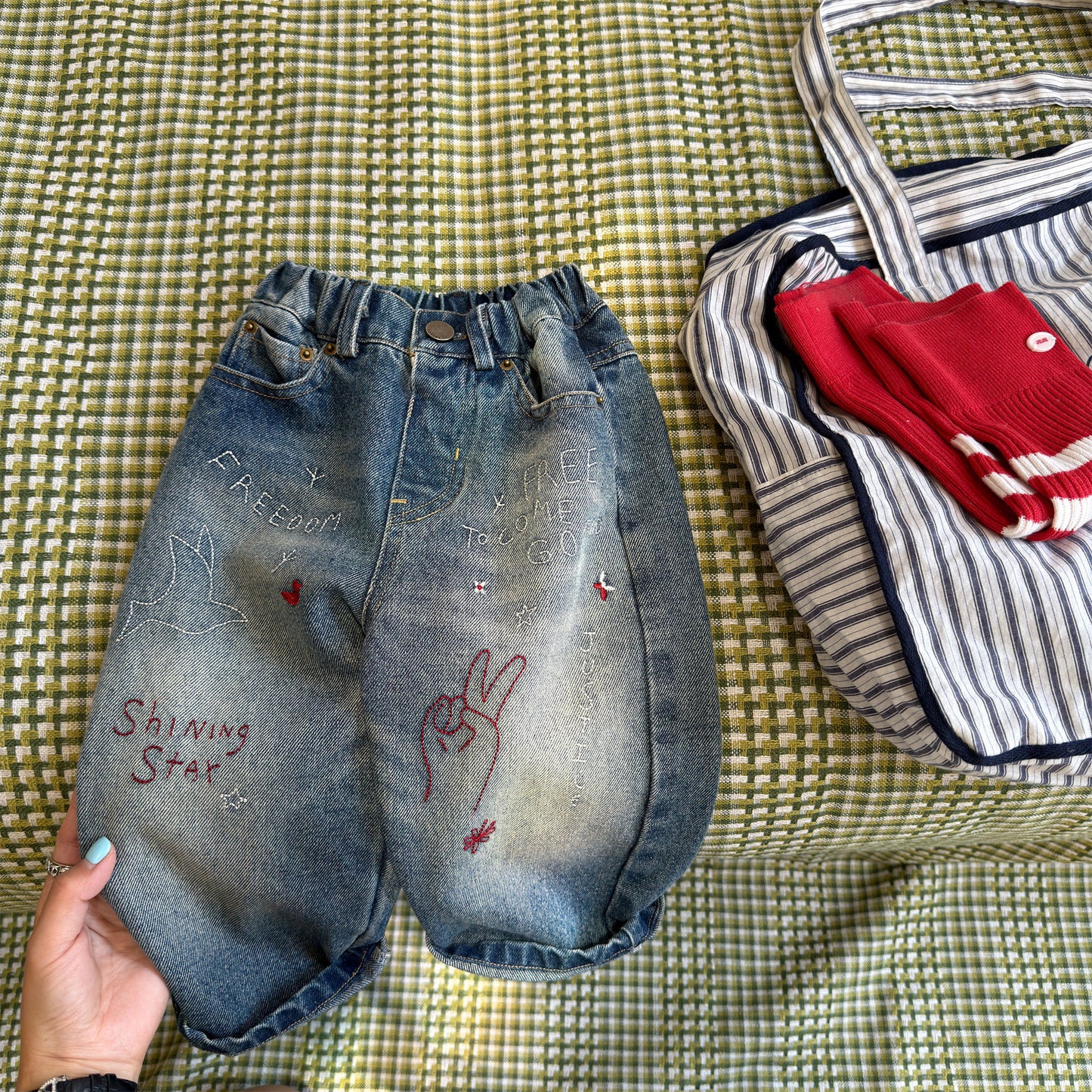 Kids' Hand-Drawn Print Pocket Loose Denim Pants [mh0014063]