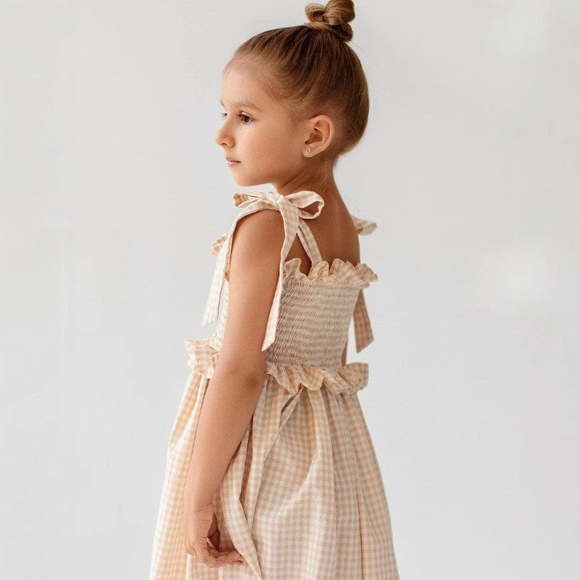 Vestido de tirantes a cuadros de algodón de verano para niñas rusas INS 2026, vestido de princesa de elegancia británica en stock【mh0013861】