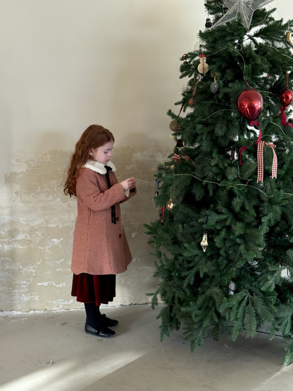 A-line retro coat with check pattern, round collar, quilted fur ribbon collar [mh0011889]