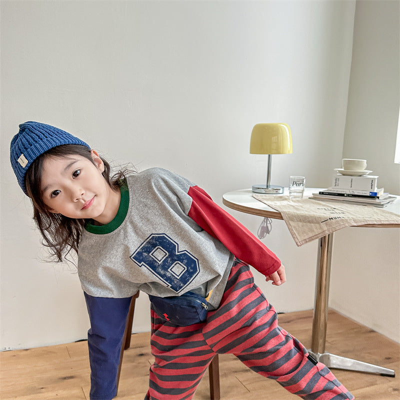 Kids Tops Long Sleeve T-Shirt Patchwork Letter Logo Print 2 Colors