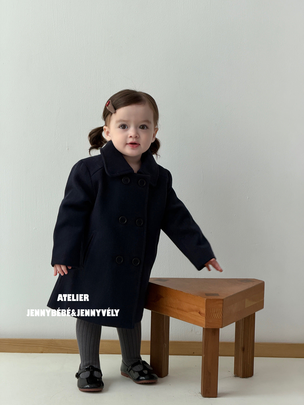 Abrigo de paño de longitud media con cuello y doble botonadura para niños【mh0014661】