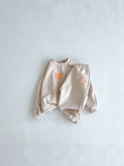Conjunto de sudadera de manga larga con estampado de sonrisa y pantalón largo para bebé y niños 【mh0014642】