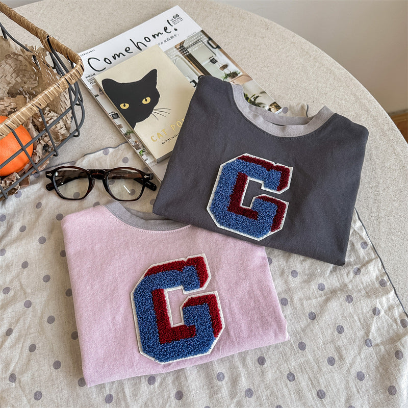Kids' Alphabet Patchwork Applique Ringer Loose Short-Sleeved T-Shirt [mh0001820]