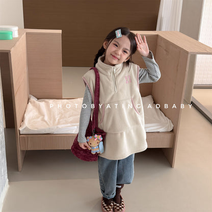 Kids' Embroidered Number Stand-Collar Half-Zip Fleece Long Vest【mh0014559】